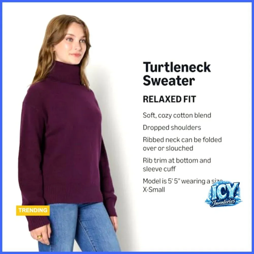 Relaxed Fit Cotton Blend Turtleneck Pullover Sweater Women's Size Small